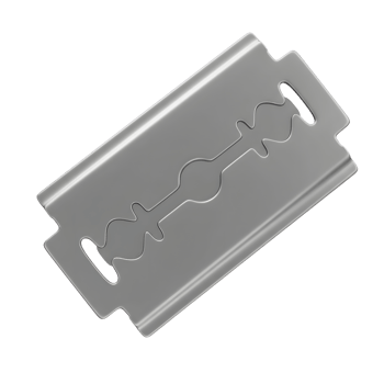 A single, sharp double-edged razor blade, gleaming metallic gray against a stark white backdrop. Its minimalist design is striking. png