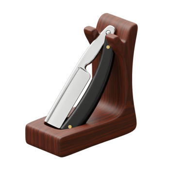 A gleaming straight razor rests elegantly in its rich, dark wood stand. The polished blade and contrasting handle create a sophisticated and timeless aesthetic. png