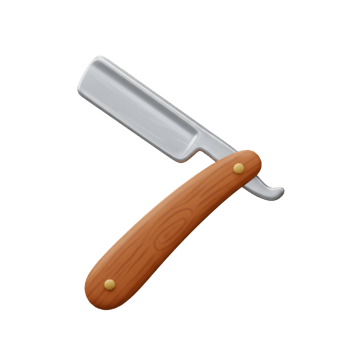 A gleaming straight razor with a rich, wooden handle. Sharp blade, classic style. Clean, simple design. png