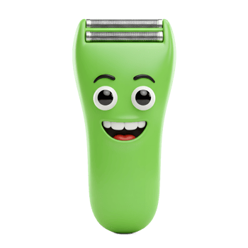 A cheerful green electric shaver smiles broadly, its cartoon eyes wide with joy. A fun, bright image png