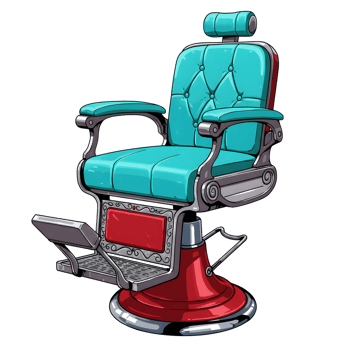 A stylish vintage barber chair, teal leather upholstery, red base, ornate metal details. Classic, retro vibe. Perfect for a barbershop png