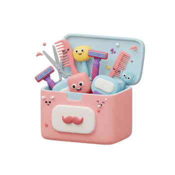 A pink box overflows with cute, cartoon grooming tools razors, combs, and scissors all smiling It's cheerful and fun, perfect for a bathroom. png