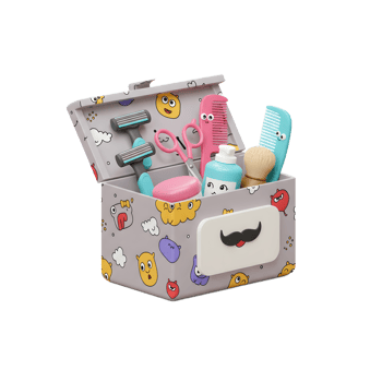 A whimsical grooming kit A cute, cartoon-covered box overflows with razors, combs, scissors, and more. Bright, cheerful, and fun png