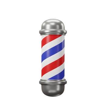 A timeless barber pole stands tall, its vibrant red, white, and blue stripes spinning in a classic design. The metallic caps add a touch of vintage elegance. png
