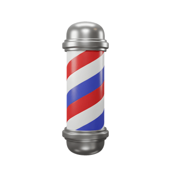A vintage barber pole, with its iconic red, white, and blue stripes, stands tall against a white background. The metallic caps add a polished touch. Classic style png