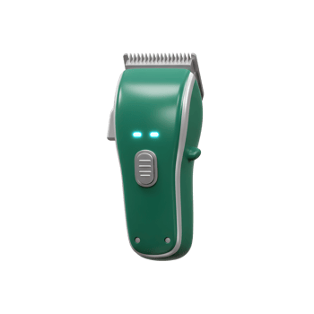 A vibrant green electric hair clipper stands ready. Its sleek, modern design features subtle silver accents and glowing blue power indicators. Clean lines and a minimalist aesthetic. png