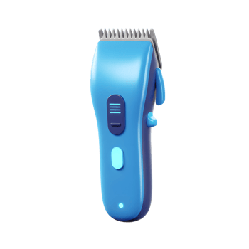 A stylish blue hair clipper stands out against a white backdrop. Its smooth curves and modern design are captivating. Notice the sleek buttons and sharp blades. png