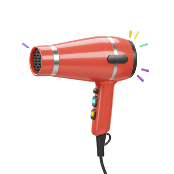A stylish, coral-red hair dryer takes center stage. Its sleek design and vibrant color pop against the white background, hinting at quick, effortless styling. png