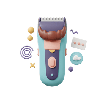 A charming 3D-rendered electric shaver, playfully designed with a cartoonish mustache, surrounded by fun, colorful shapes. Whimsical and modern png