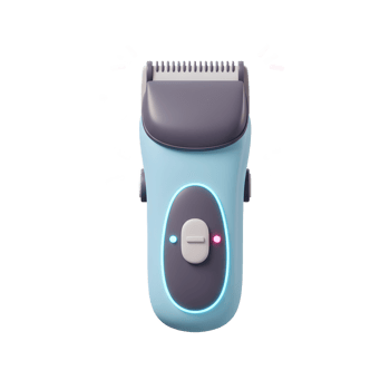 A cheerful, light blue hair clipper gleams, its modern design accented by playful pink and blue bursts. A sleek, 3D-rendered image png