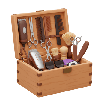 A charming wooden chest overflows with barbering essentials clippers, scissors, combs, brushes, and a straight razor. Rustic charm meets professional tools in this delightful scene. png