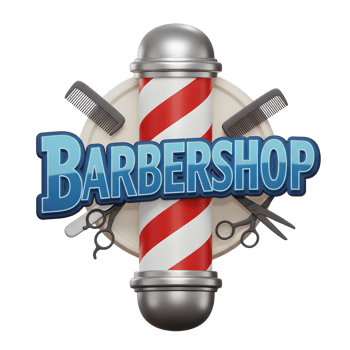 A vibrant barbershop sign features a classic red and white striped pole, surrounded by combs and scissors. The retro-styled text adds a touch of vintage charm. png