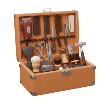 A charming wooden chest overflows with vintage barber tools combs, razors, brushes, and more. The scene evokes a feeling of classic grooming and timeless craftsmanship. png
