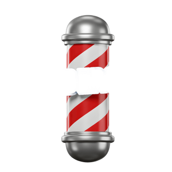 A classic barbershop pole with vibrant red and white stripes stands proudly, topped with a gleaming metallic cap. The bold blue 'BARBERSHOP' sign adds a modern touch to the timeless design. png