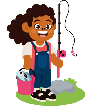 little girl fishing with fishing rod and bucket png