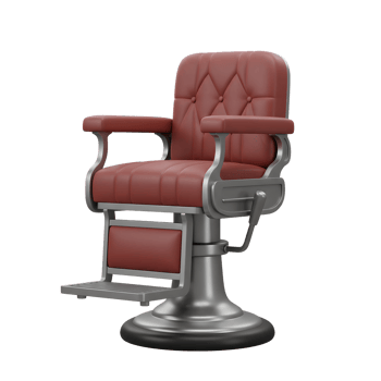 A sophisticated barber chair, rich red leather upholstery complements the sleek silver metal frame, creating a vintage yet modern atmosphere. Perfect for a classic barbershop. png