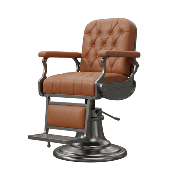 A classic barber chair with luxurious tan leather upholstery and a sturdy dark metal frame. The tufted back and footrest add to its timeless appeal. It exudes sophistication. png