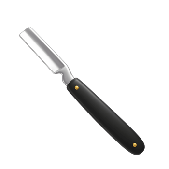 A sharp, classic straight razor gleams against a white backdrop. Its sleek, black handle contrasts beautifully with the polished steel blade, creating a clean and professional look. png