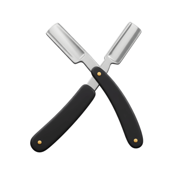 Two gleaming straight razors, crossed elegantly, their sharp blades contrasting sharply with sleek black handles. A timeless image of barbering tradition. png