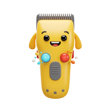 A cute, smiling yellow hair clipper, playfully rendered in 3D, boasts colorful buttons and a cheerful cartoon face. It's a vibrant and fun design png