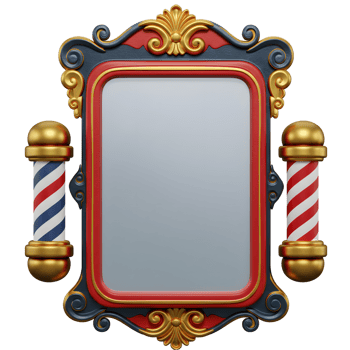 A vintage-style barbershop sign, featuring a large blank mirror framed in red, gold, and blue. Classic barber poles flank the sides, adding to the nostalgic charm. png