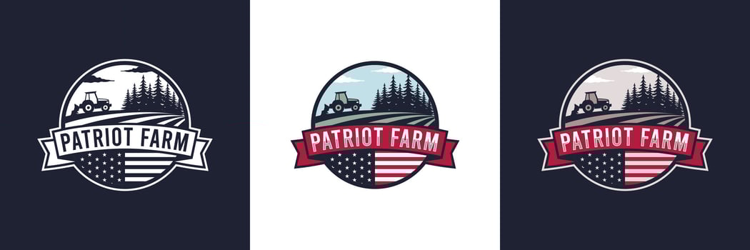 Patriot Farm vintage emblem logo featuring a tractor, the U.S. flag, a field, and trees. vector