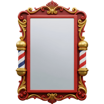 A classic barbershop sign with a red frame, ornate gold detailing, and blank central panel flanked by barber poles. Elegant and vintage style. png
