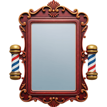 A vintage-style barbershop mirror, rich in detail, stands proudly with its ornate frame and classic red, white, and blue barber poles. A timeless, elegant design. png