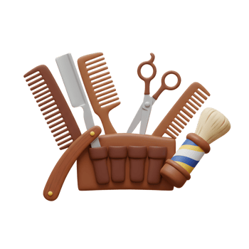 A delightful 3D rendering showcases a barber essential tools combs, razor, scissors, and shaving brush neatly arranged in a brown leather pouch, creating a vintage and professional feel. png