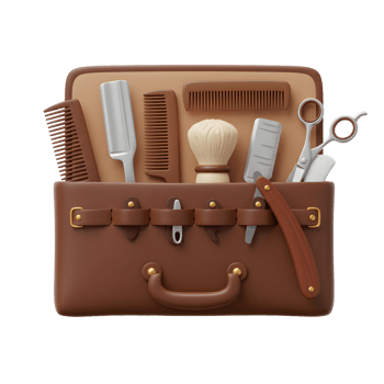 A nostalgic brown leather barber kit is brimming with vintage tools combs, razors, scissors, and a shaving brush. The scene evokes a sense of classic grooming. png