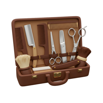 Barber Kit in Leather Case with Scissors, Razor, Brush and Combs png