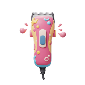 A cheerful pink hair clipper, adorned with colorful paint splatters, stands ready for a fun hair-cutting experience. Its playful design creates a joyful and vibrant mood. png