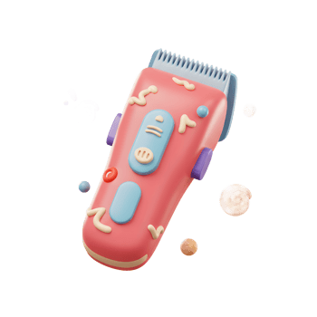 A cheerful pink hair clipper floats amidst playful pastel shapes, creating a lighthearted and fun 3D illustration. png