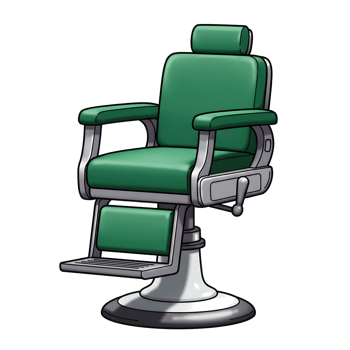 A vintage barber chair, rich green upholstery, gleaming metallic base. Classic styling, detailed illustration. Retro feel. png