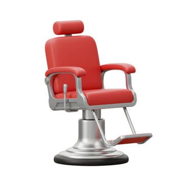 A vibrant red barber chair stands ready, its gleaming chrome base and plush leather seat promising a comfortable and stylish experience. Retro charm meets contemporary design. png