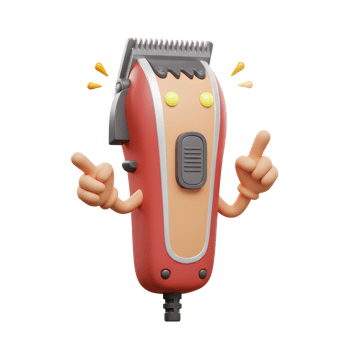 A happy hair clipper character points excitedly, showcasing its vibrant red and beige design. Fun, friendly, and ready for action png