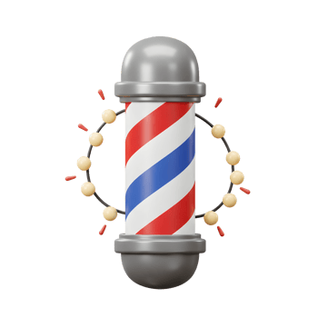 A cheerful barber pole with red, white, and blue stripes, playfully surrounded by a beaded halo, exudes classic charm and a modern feel. png