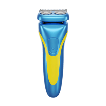 A modern electric razor with a vibrant blue body and a sunny yellow accent. The dual-head design promises a smooth shave. Sleek and stylish. png