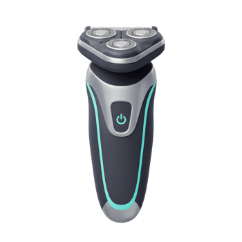 A modern electric razor with a sleek, dark gray body and teal accents. The three-head shaving system promises a close, comfortable shave. Clean lines and stylish design. png