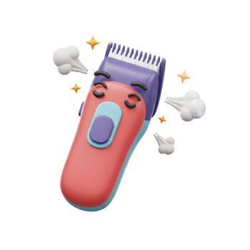 A cute, cartoon hair clipper yawns dramatically, tiny puffs of air escaping. Its colorful design and exhausted expression create a fun, slightly comical mood. png
