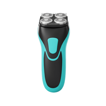 A modern electric razor, boasting a vibrant aqua blue and sleek black design. Four precision heads promise a close shave. Clean lines, smooth finish. png