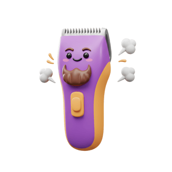 A cute, cartoonish purple beard trimmer smiles proudly, exuding happiness and readiness for a grooming session. Its cheerful design adds a touch of fun to personal care. png