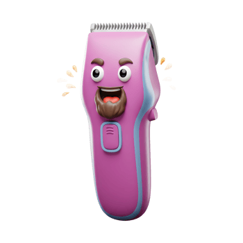 A cheerful pink hair clipper smiles broadly, sporting a goatee. Its joyful expression and vibrant color create a fun, upbeat mood. png