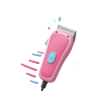 A vibrant pink electric hair clipper floats against a white background, surrounded by colorful, playful shapes. It's a cheerful and modern design. png