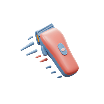 A charming, pastel-colored hair clipper floats against a white background, hair trimmings playfully scattered around it. The scene is bright and cheerful. png