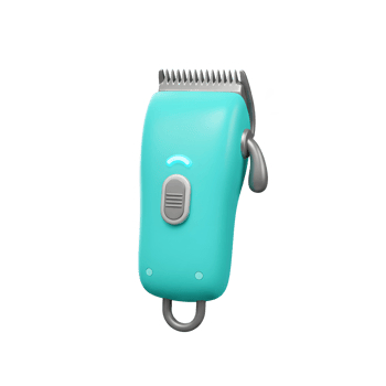 A cheerful teal electric hair clipper, rendered in a playful 3D style, stands ready for a trim. Its sleek design and vibrant color create a fun, modern aesthetic. png