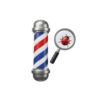 A classic barber pole stands beside a magnifying glass revealing a ladybug. Clean lines and vibrant colors create a striking, whimsical image. png