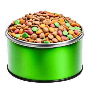 Colorful Dry Pet Food in Green Tin Container for Animal Nutrition png