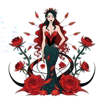 a beautiful woman with long hair and red roses vector