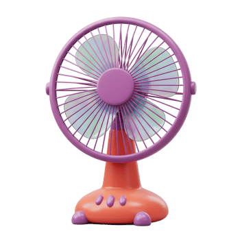 A charming pastel-colored desk fan adds a touch of playful modern style to any space. Its iridescent blades and compact design create a cheerful, cool atmosphere. png